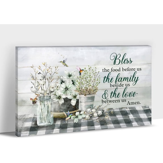 Farmhouse Kitchen Wall Art, Rustic Kitchen Canvas Prints Wall Art, Hummingbird & Flower Pictures, Framed Blessed Quotes Painting, Vintage Country Home Kitchen Wall Decorations Artwork 12x18 Inches
