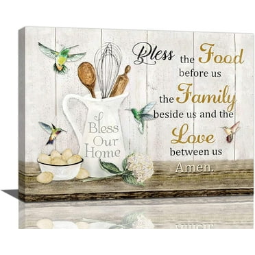 Farmhouse Kitchen Wall Art Rustic Kitchen Pictures Wall Decor Canvas Print Bless The Food Painting Framed Modern Home Artwork For Kitchen 16"x12"