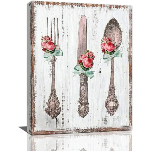 Farmhouse Kitchen Wall Art Rustic Vintage Floral Fork Knife Spoon Kitchen Pictures Wall Decor Canvas Prints Painting Framed Artwork Country Home Decorations For Dining Room Restaurant 12"x16"