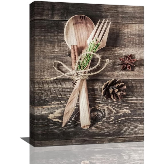 Farmhouse Kitchen Wall Art Rustic Wooden Fork Spoon Kitchen Pictures Wall Decor Country Canvas Prints Painting Framed Artwork Home Decorations For Dining Room Restaurant 12"x16"