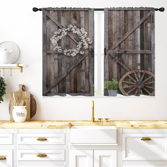 Farmhouse Kitchen Window Curtains 27.5 x 39 Inch Small Short Mini Cafe Rod Pocket Rustic Wooden Barn Door Western for Living Bedroom Room Home Treatment Set of 2 Curtain Panels Drapes Tiers
