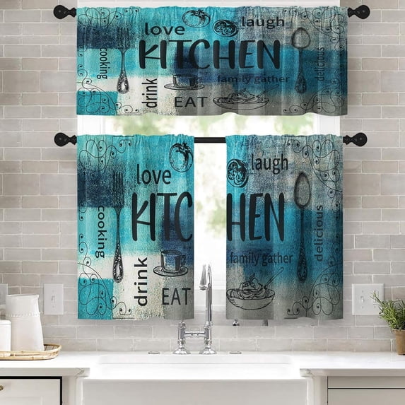 Farmhouse Kitchen Window Curtains Valance and Tier Set 36 Inch Wooden Full of Love Happiness Rod Pocket Short Tier Curtain, Vintage Small Drapes for Kitchen Decor
