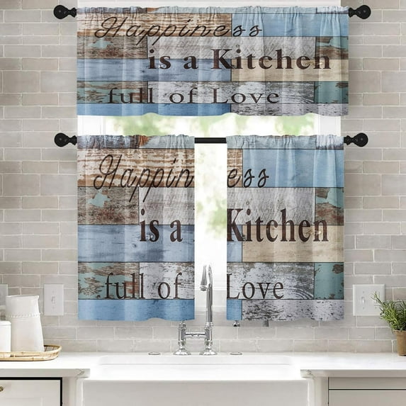 Farmhouse Kitchen Window Curtains Valance and Tier Set 36 Inch Wooden Full of Love Happiness Rod Pocket Short Tier Curtain, Vintage Small Drapes for Kitchen Decor
