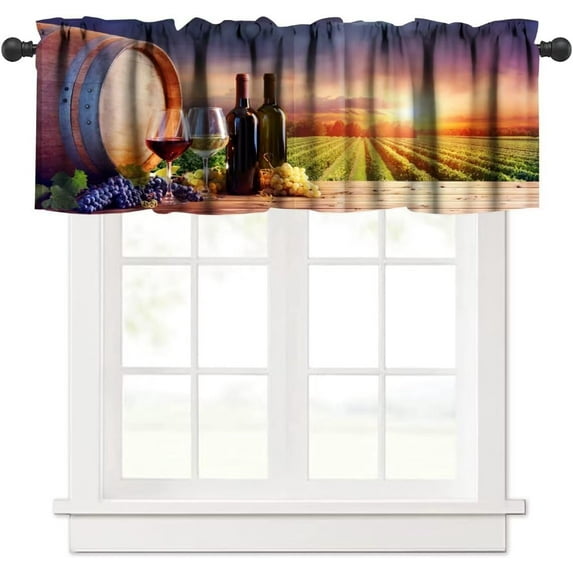 Farmhouse Kitchen Window Valance, Rural Scene Vintage Wineglasses with Grapes Print Blackout Short Window Treatment for Kitchen Cafe Bathroom, 54x18in