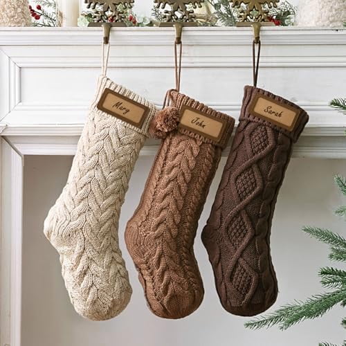 Farmhouse Knitted Christmas Stockings: 3 Pack 18 Inch Neutral Cable Knit Fireplace Stockings, Cozy Hanging Xmas Stockings Rustic Stocking Decorations for Family Holiday Dcor, Earth Tones