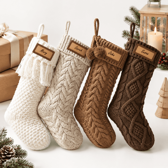 Farmhouse Knitted Christmas Stockings 4 Pack Rustic Neutral Cable Knit Holiday Decor