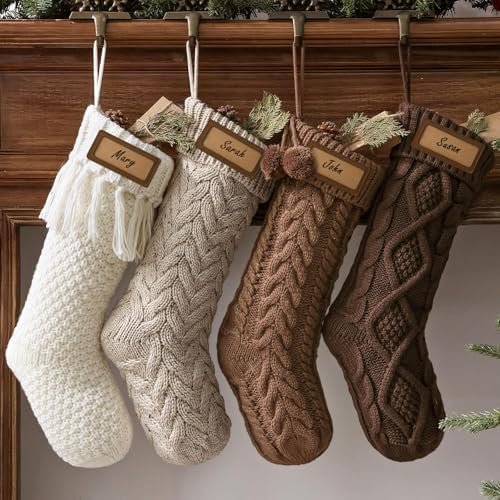 Farmhouse Knitted Personalised Christmas Stockings: 4 Pack 18 Inch Rustic Neutral Cable Knit Fireplace Stockings, Rustic Cozy Hanging Xmas Stocking Decorations for Family Holiday Dcor, Earth Tones