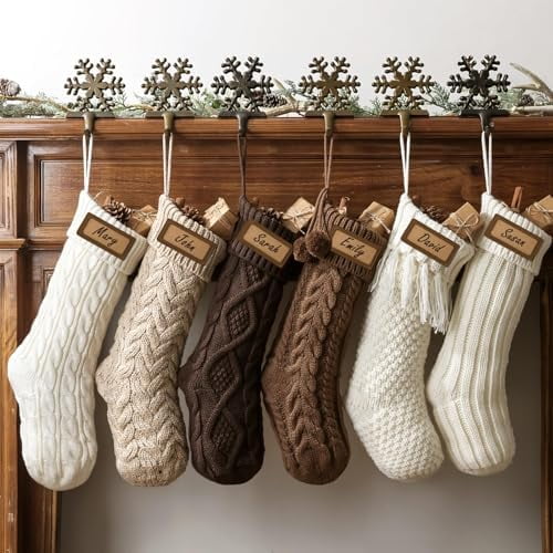 Farmhouse Knitted Personalized Christmas Stockings: 6 Pack 18 Inch Earth Tones Christmas Stockings, Rustic Cozy Hanging Xmas Stockings Decorations for Family Holiday Decor, White Beige Brown