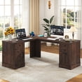 thumbnail image 1 of Farmhouse L Shaped Computer Desk with File Cabinet & 3 Drawers,  69" Large Executive Desk with Charging Station, Rustic Corner Desk with Storage File Drawer for Home Office Workstation, Rustic Brown, 1 of 9