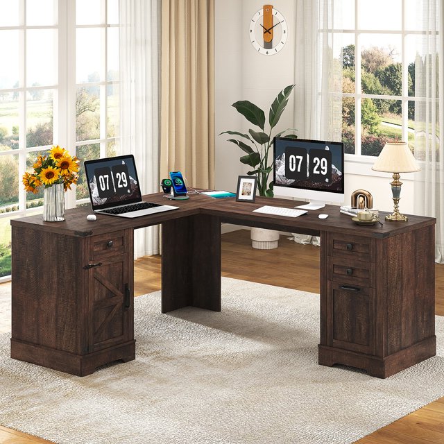Farmhouse L Shaped Computer Desk with File Cabinet & 3 Drawers, 69" Large Executive Desk with Charging Station, Rustic Corner Desk with Storage File Drawer for Home Office Workstation, Rustic Brown