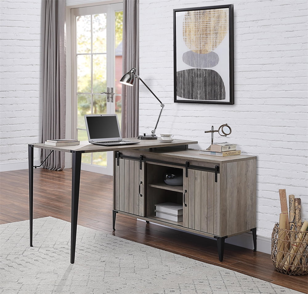 Farmhouse LShaped Computer Desk with Sliding Barn Door Storage