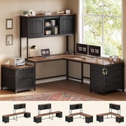 Farmhouse L Shaped Computer Desk with 6 Drawers and Hutch, Reversible Home Office Desk, Corner Office Desk