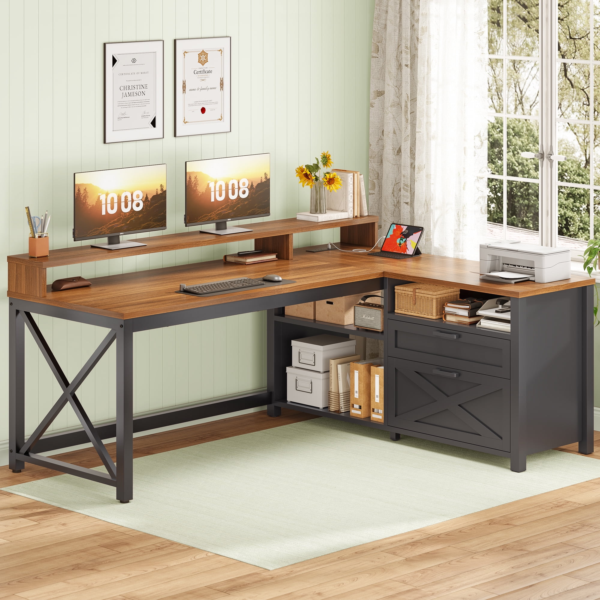 Farmhouse L Shaped Computer Desk with Drawers and Storage Shelves, 55" L Shaped Gaming Desk with LED Lights, Home Office Desk