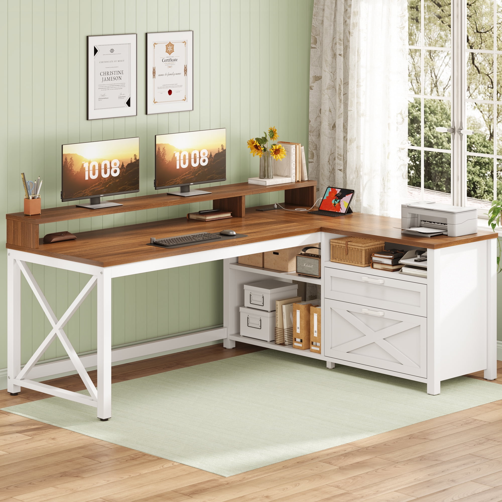 Farmhouse L Shaped Computer Desk with Drawers and Storage Shelves, 55" L Shaped Gaming Desk with LED Lights, Home Office Desk