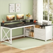Farmhouse L Shaped Computer Desk with Drawers and Storage Shelves, 55 L Shaped Gaming Desk with LED Lights, Home Office Desk