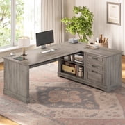 Farmhouse L Shaped Desk, 61" Wood Executive Deskwith Large Desktop and Storgae, Home Office Desk with Drawers and Open Shelves, Computer Desk with Power Outlets, Spacious PC Workstation, Grey
