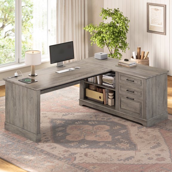 Farmhouse L Shaped Desk, 61" Wood Executive Deskwith Large Desktop and Storgae, Home Office Desk with Drawers and Open Shelves, Computer Desk with Power Outlets, Spacious PC Workstation, Grey