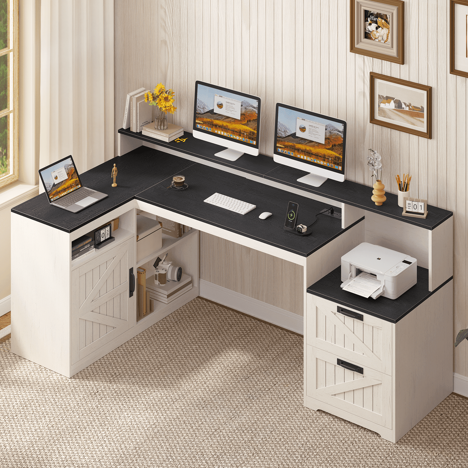 Farmhouse L Shaped Desk with Drawers, 62.2" Home Office Desk with Storage Shelves and Power Outlet, L Shaped Computer Desk with Monitor Stand and Printer Shelf, Black and White