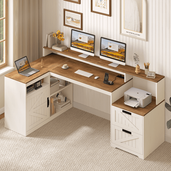 Farmhouse L Shaped Desk with Drawers, 62.2" Home Office Desk with Storage Shelves and Power Outlet, L Shaped Computer Desk with Monitor Stand and Printer Shelf, Brown and White