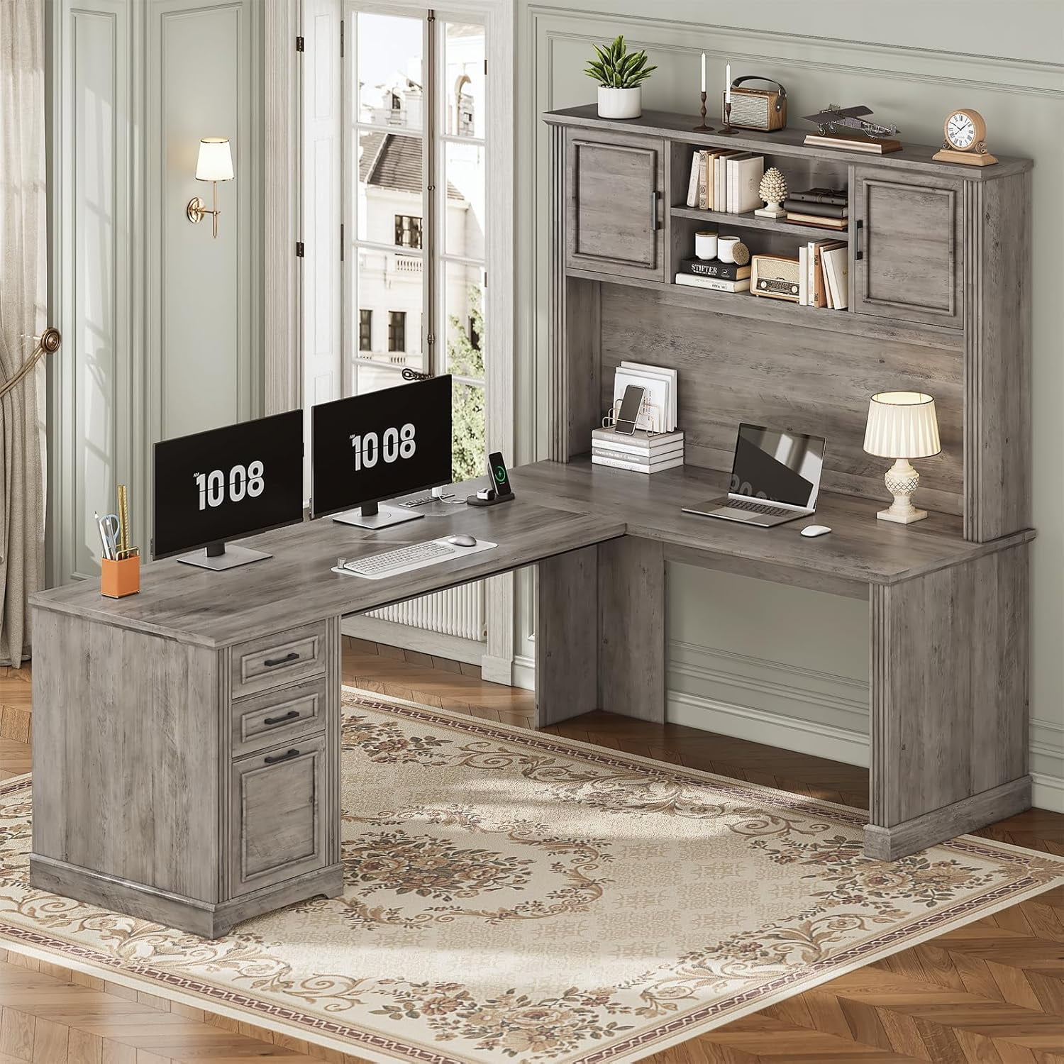 Farmhouse L Shaped Desk with Hutch and 3 Drawers, 68.9" Executive Office Desk with Power Outlet Open Shelves, Elegant Corner Desk Computer Desk with Storage Shelves for Home Office, Grey