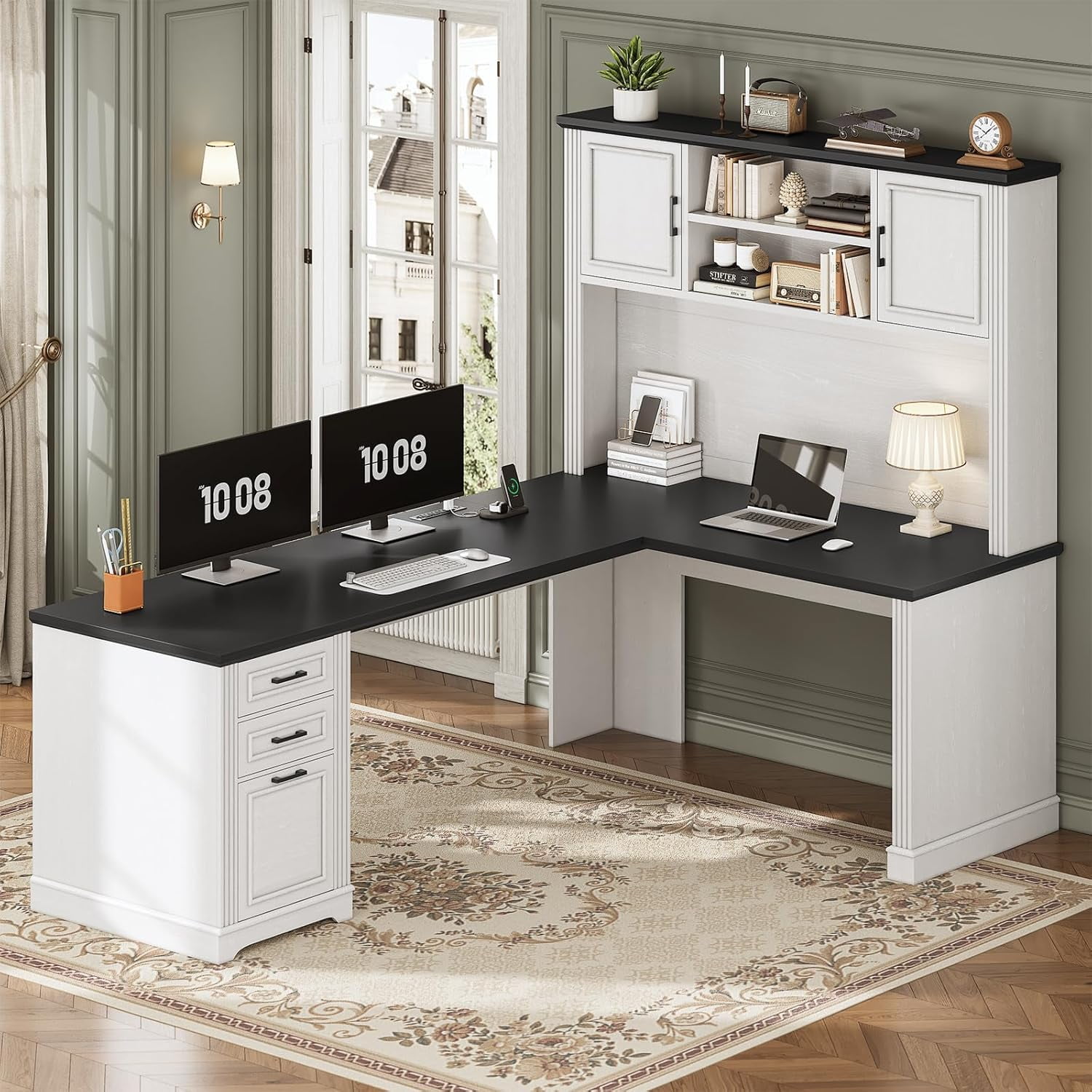 Farmhouse L Shaped Desk with Hutch and 3 Drawers, 68.9" Executive Office Desk with Power Outlet Open Shelves, Elegant Corner Desk Computer Desk with Storage Shelves for Home Office, White