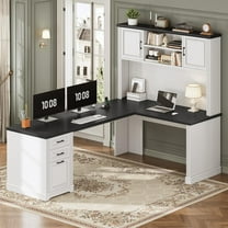 Farmhouse L Shaped Desk with Hutch and 3 Drawers, 68.9" Executive Office Desk with Power Outlet Open Shelves, Elegant Corner Desk Computer Desk with Storage Shelves for Home Office, White