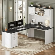 Farmhouse L Shaped Desk with Hutch and 3 Drawers, 68.9" Executive Office Desk with Power Outlet Open Shelves, Elegant Corner Desk Computer Desk with Storage Shelves for Home Office, White