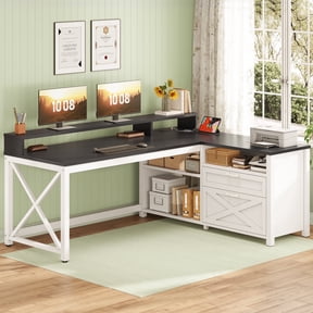 Farmhouse L-Shaped Desk with Power Outlets & LED Lights for Home Office, Large Computer Desk with Monitor Stand & Storage Drawer & File Drawer, Corner Computer Desk with 5 Open Storage Space, White
