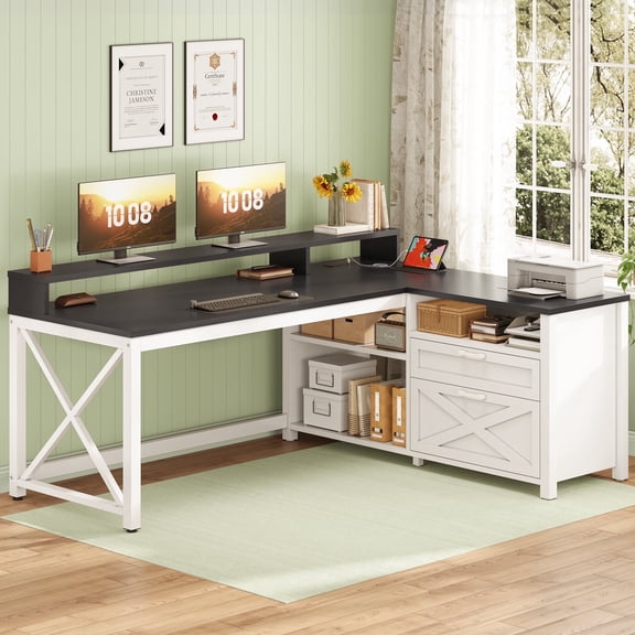 Farmhouse L-Shaped Desk with Power Outlets & LED Lights for Home Office, Large Computer Desk with Monitor Stand & Storage Drawer & File Drawer, Corner Computer Desk with 5 Open Storage Space, White