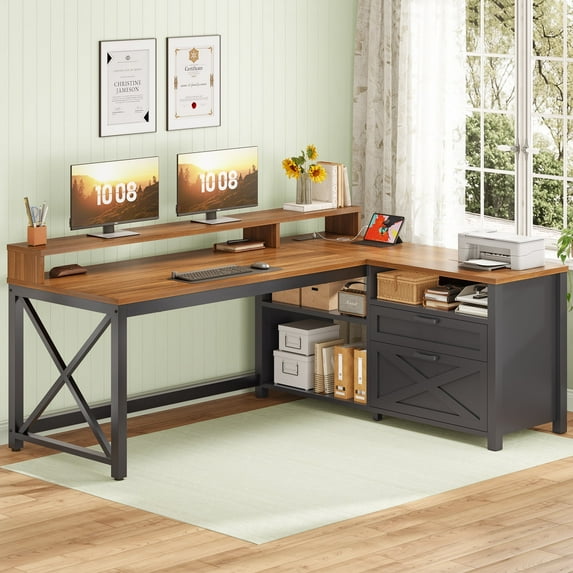 Farmhouse L-Shaped Desk with Power Outlets & LED Lights for Home Office, Large Computer Desk with Monitor Stand & Storage Drawer & File Drawer, Corner Computer Desk with 5 Open Storage Space, Black