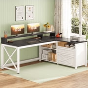 Farmhouse L-Shaped Desk with Power Outlets & LED Lights for Home Office, Large Computer Desk with Monitor Stand & Storage Drawer & File Drawer, Corner Computer Desk with 5 Open Storage Space, White