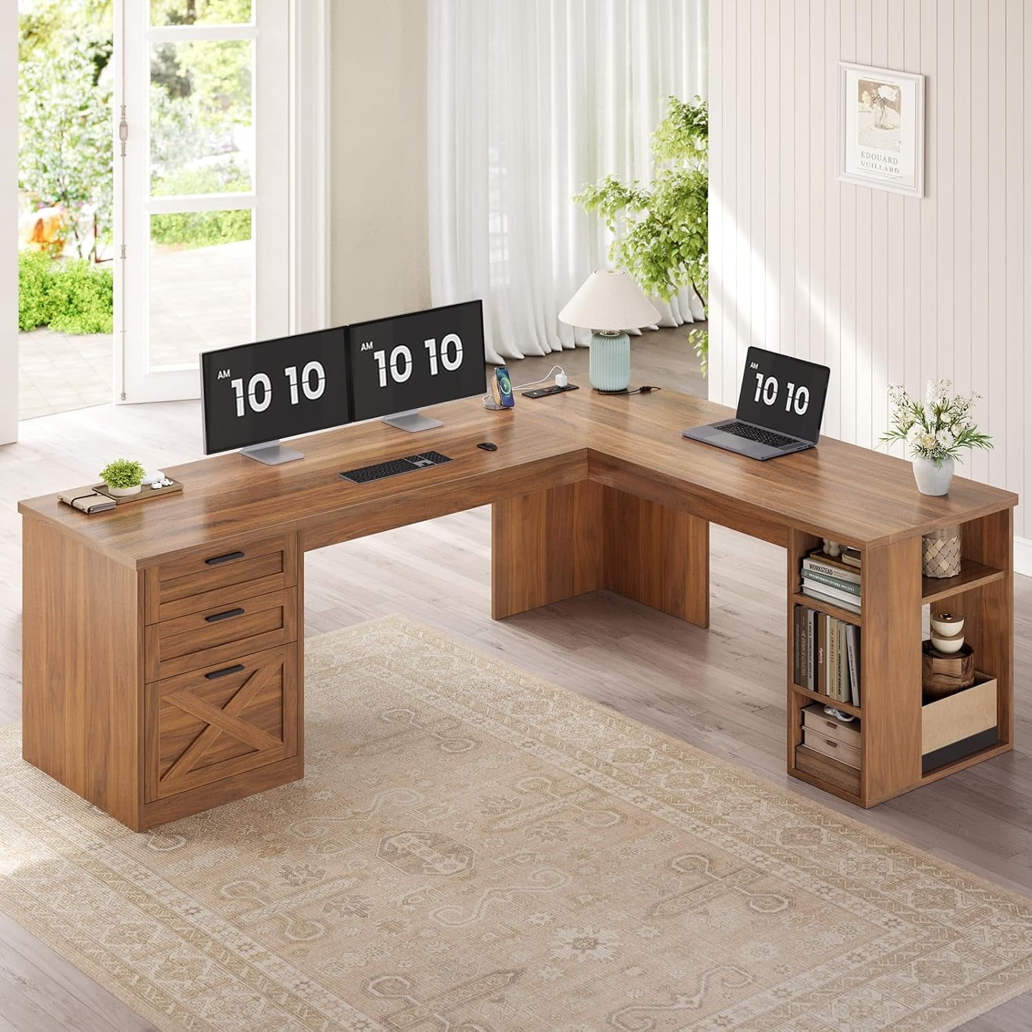 Farmhouse L Shaped Desk with Storage, Home Office Desk with Power Outlets & File Drawer, Corner Computer Desk with Spacious Desktop & Open Shelves, Office Desk with 3 Drawers for Bedroom, Brown