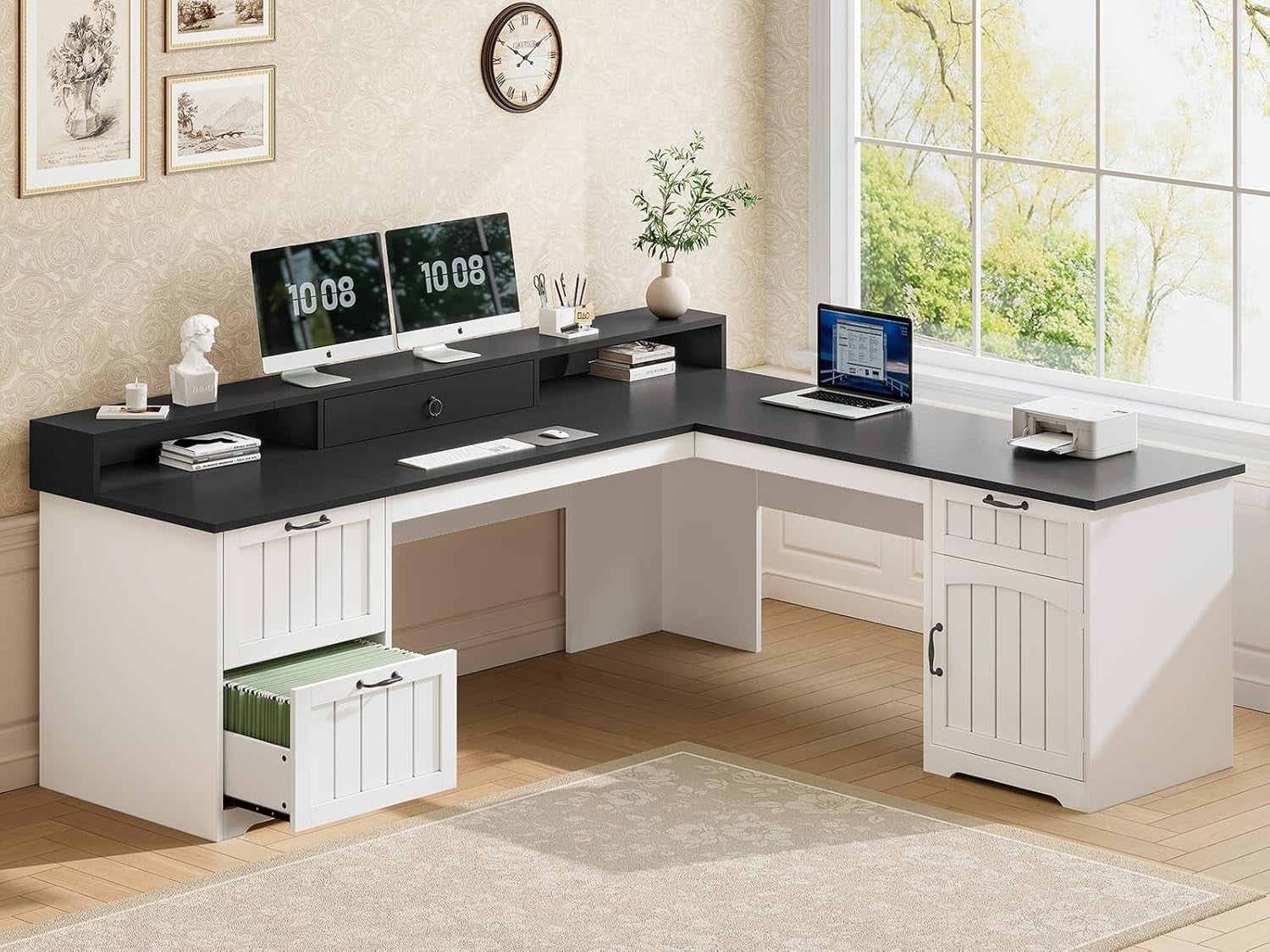 Farmhouse L Shaped Desk with Storage, Rustic Corner Desk with Monitor Stand, 2 File Drawers & 1 Cabinet, Home Office Desk with Spacious Desktop, Large PC Workstation, White & Black Top