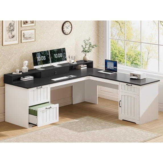 Desk Monitor Rack Sedeta, Farmhouse L Shaped Desk with Storage, 57.1