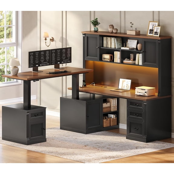 Farmhouse L Shaped Electric Standing Desk with Hutch and Led Lights, Height Adjustable Executive Desk with 4 Drawers and Storage Cabinet for Home Office