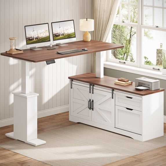 Farmhouse L Shaped Standing Desk with 2 Storage Drawers, Height Adjustable Computer Desk from 28.7 to 46.8inches, Home Office Desk