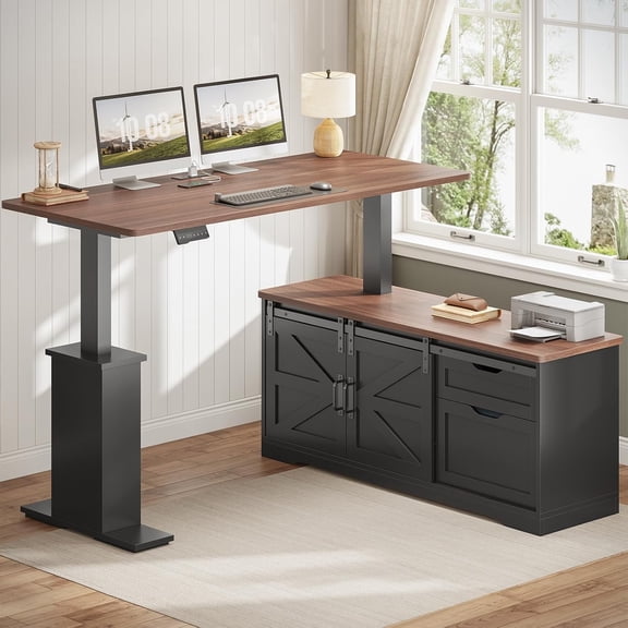 Farmhouse L Shaped Standing Desk with 2 Storage Drawers, Height Adjustable Computer Desk from 28.7 to 46.8inches, Home Office Desk