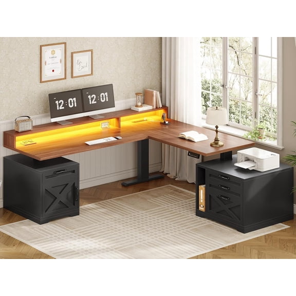 Farmhouse L Shaped Standing Desk with 4 Drawers and Storage Cabinet, Height Adjustable Computer Desk with Led Lights, Home Office Desk