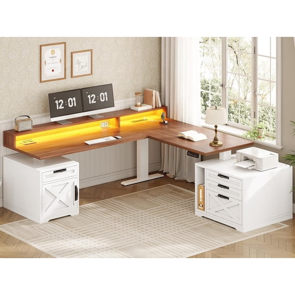 Farmhouse L Shaped Standing Desk with 4 Drawers and Storage Cabinet, Height Adjustable Computer Desk with Led Lights, Home Office Desk