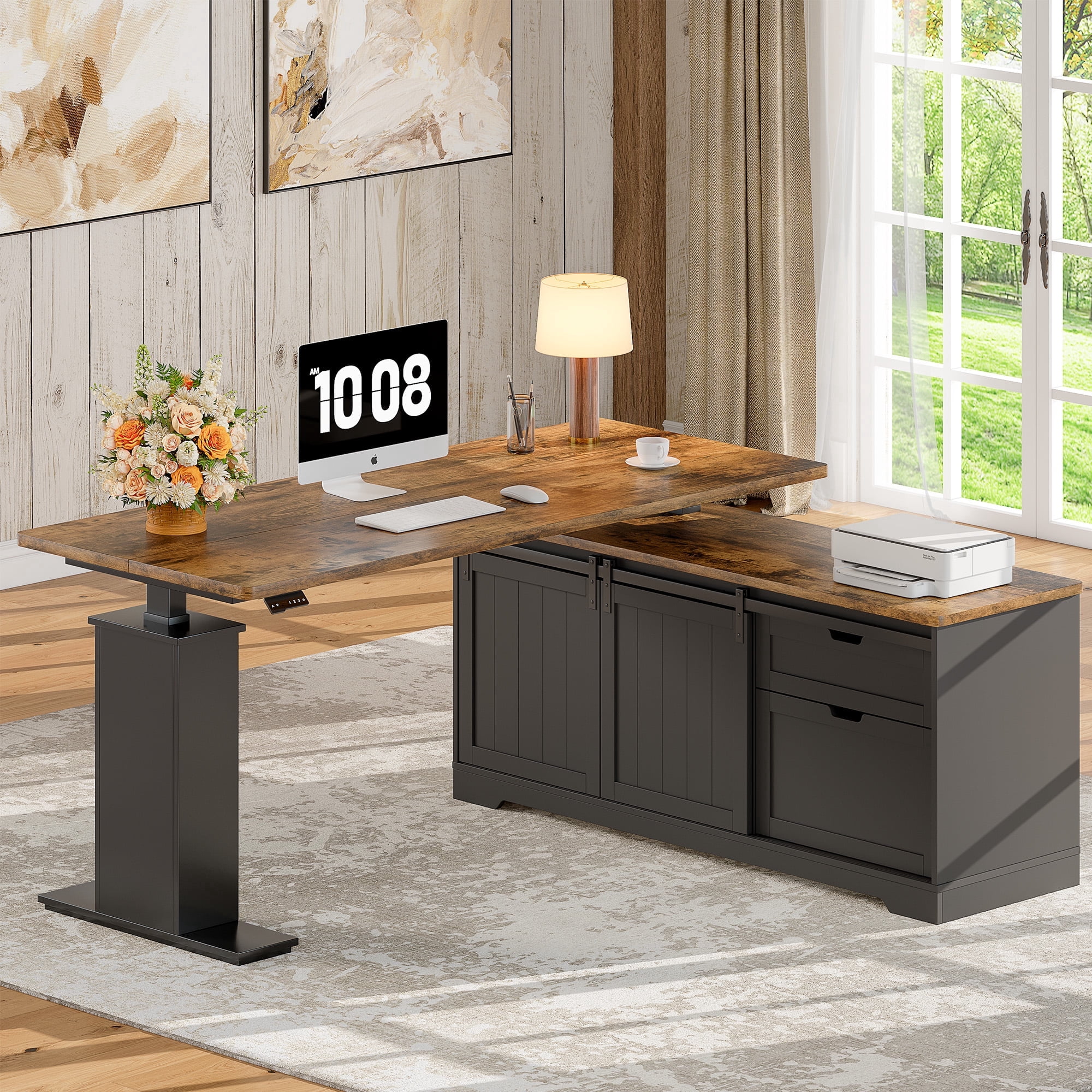 Farmhouse L Shaped Standing Desk with Drawers, Height Adjustable Corner Desk for Home Office, Black
