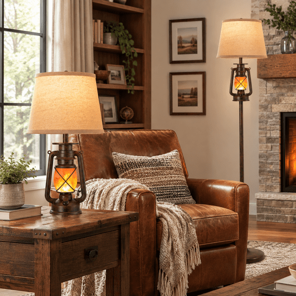 Farmhouse LED Flashing Night Lantern Floor Lamp with Dual Light Source and Stable Base