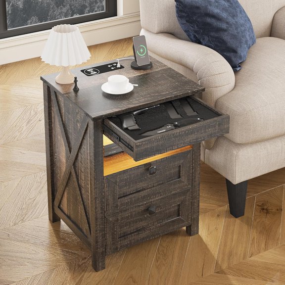 Farmhouse LED Nightstand with Gun Drawer&Invisible Lock,Modern Bedside Table with Human Sensor Design,Rustic Side Table with Wireless Charging for Living Room, Dark Oak