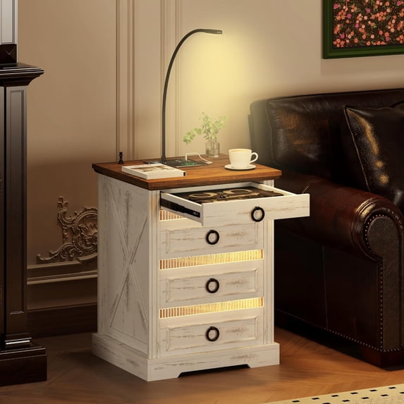 Farmhouse LED Nightstand with Gun Drawers: Floor Lamp with Table & Charging Station for Bedroom Bedside Table, End Table with Drawers & Human Sensor Lights for Living Room, Antique White