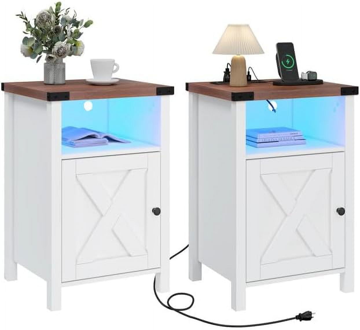 Farmhouse LED Nightstand Set of 2 with Charging Station, Rustic End Table with Barn Door & Storage Shelf, Bedside Table for Bedroom, Living Room, White