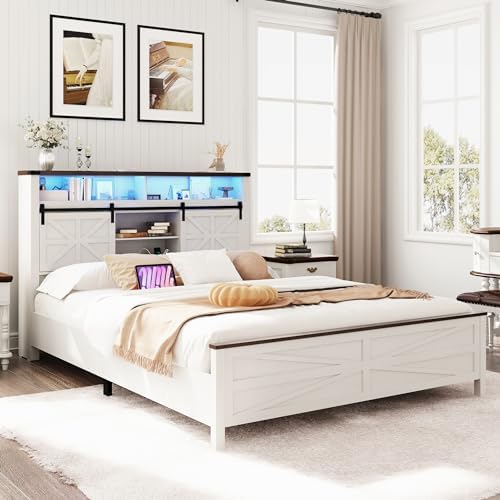 Farmhouse LED Queen Size Bed Frame with Storage Bookcase Headboard w ...