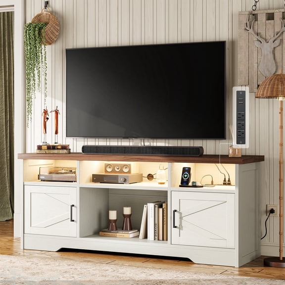 Farmhouse LED TV Stand for 65 Inch TV, Entertainment Center with Power Outlet, Media Console with Storage Cabinets and Shelves, White