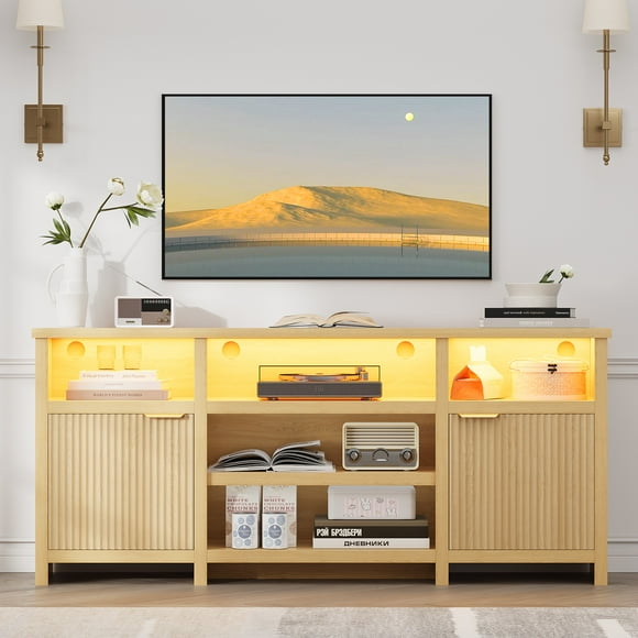 Farmhouse LED TV Stand for 80-inch TVs, Wooden Highboy TV Cabinet Media Console Entertainment Center with Storage for Living Room, Oak