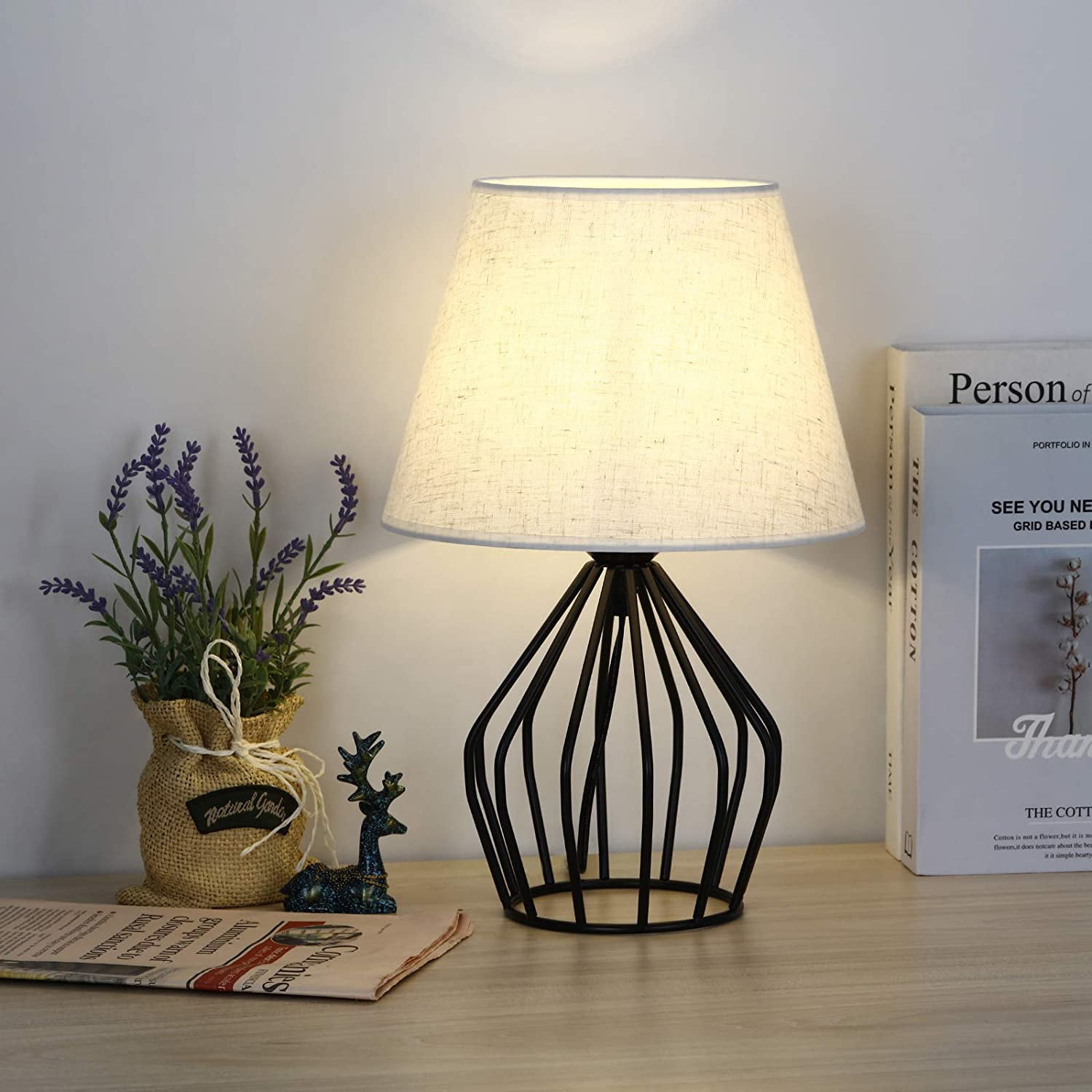 Farmhouse Lamp, Mid Century Modern Table Lamp Black Metal Hollow Out Base, Small Nightstand Lamp with Fabric Lampshade for Bedside Table, Bedroom, Living Room, office