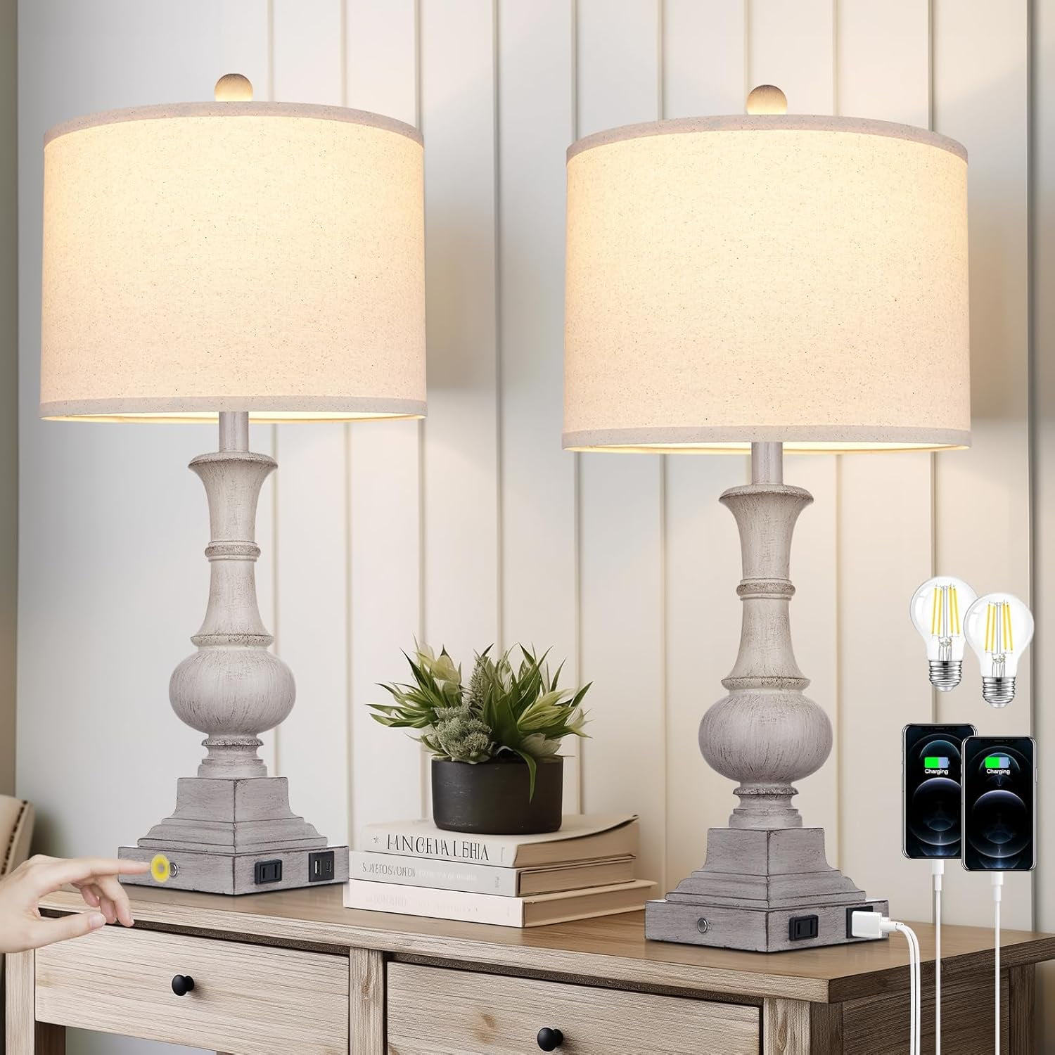 Bedside Table Lamp With USB Port & Outlet – 3-Way Dimmable Touch Control & Linen Shade For Bedroom Or Living Room