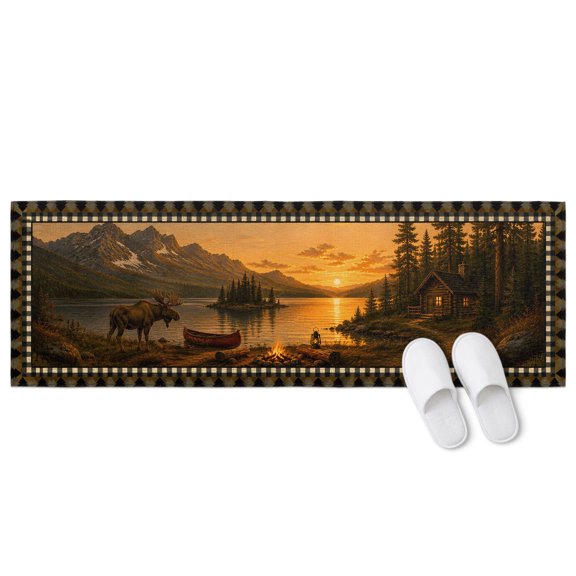 Farmhouse Landscape Art 2 Pieces Non-Slip Kitchen Mat Set, Brown Moose Cabin Lake Mountains Campfire Soft Door Mat with Rubber Backing, Dirtproof Rugs for Entrance Doorway, 23.6 x 70.9in